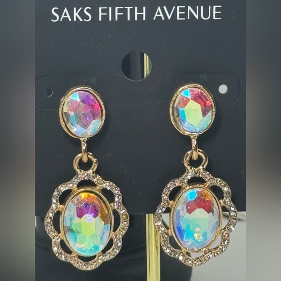 Saks Fifth Ave Gold Tone AB Crystal Post Dangle Earrings - Picture 2 of 5